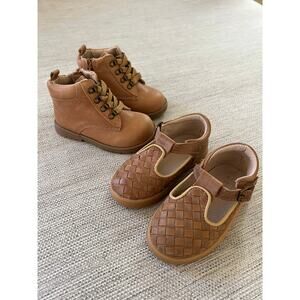Consciously Baby Combat Boot & Woven T-Bar Bundle Size 6 Sand Walnut Leather